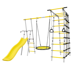 Детский спортивный комплекс для дачи ROMANA Богатырь (желтый/серый). Тип качелей: сетка-гнездо 80 см